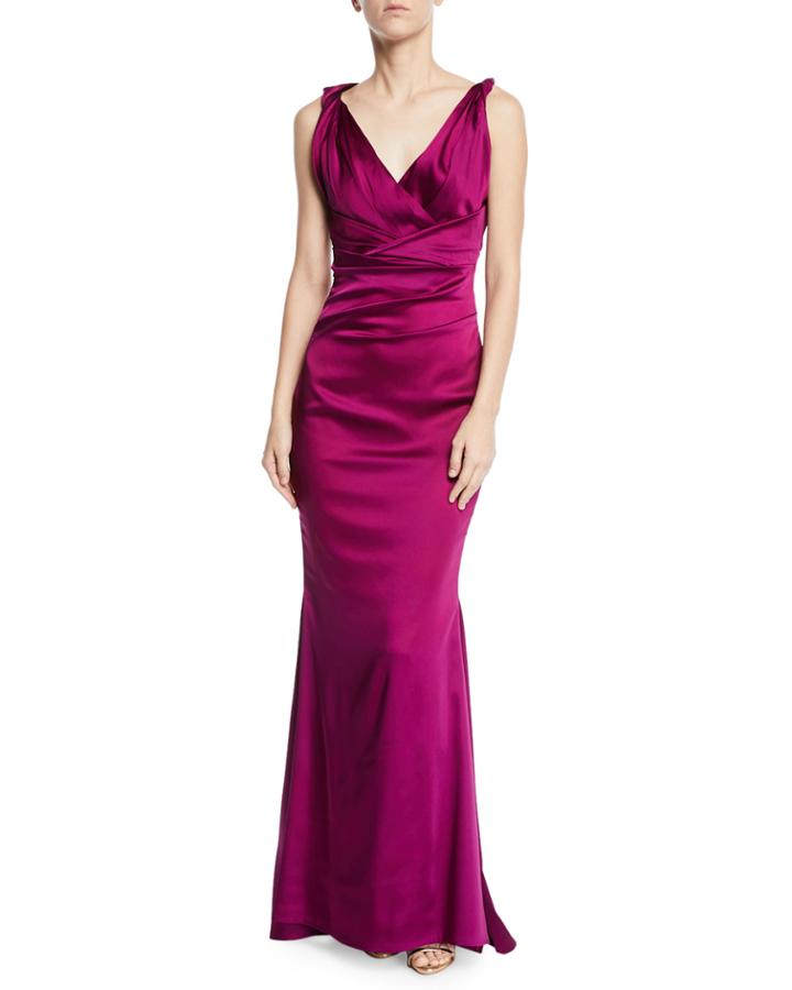 Rotura Sleeveless Draped-waist V-neck Gown