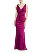 Rotura Sleeveless Draped-waist V-neck Gown