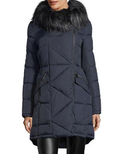 Asymmetric-front Faux-fur-collar Puffer Jacket