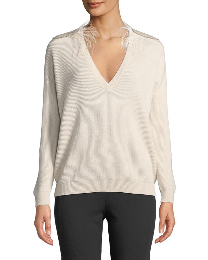 Cashmere Boyfriend Sweater With Ostrich Feathers