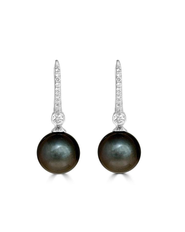 18k White Gold Linear Diamond & Black Pearl Drop Earrings