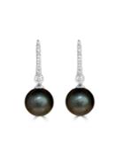 18k White Gold Linear Diamond & Black Pearl Drop Earrings