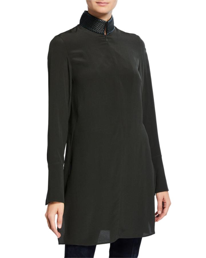Leather-trim Silk Shantung Tunic, Turtle