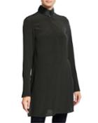 Leather-trim Silk Shantung Tunic, Turtle