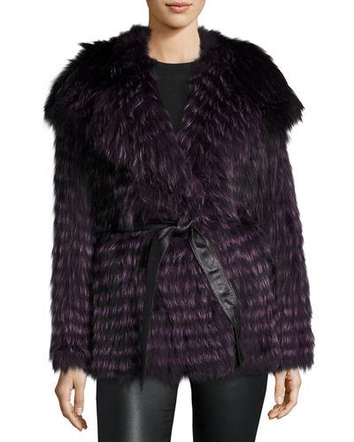 Belted Fox-fur Hooded Parka Coat