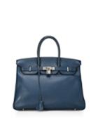 Vintage Birkin 35 Calfskin Satchel Bag, Blue