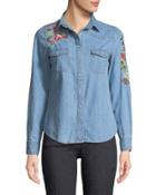 Embroidered-denim Button-front Blouse