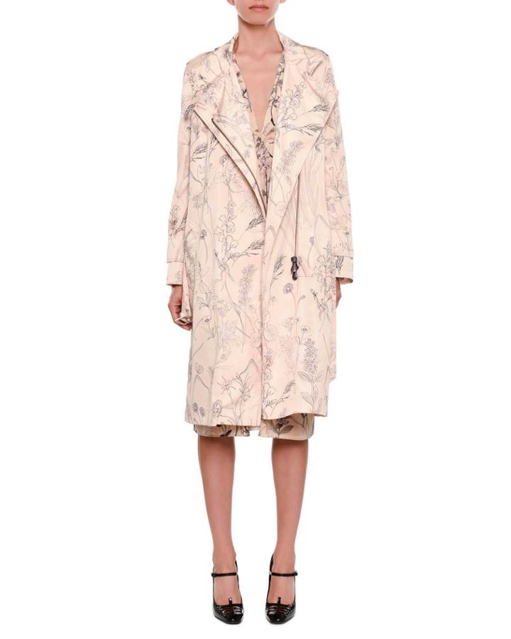 Botanical-print Zip-front Belted Trench Coat