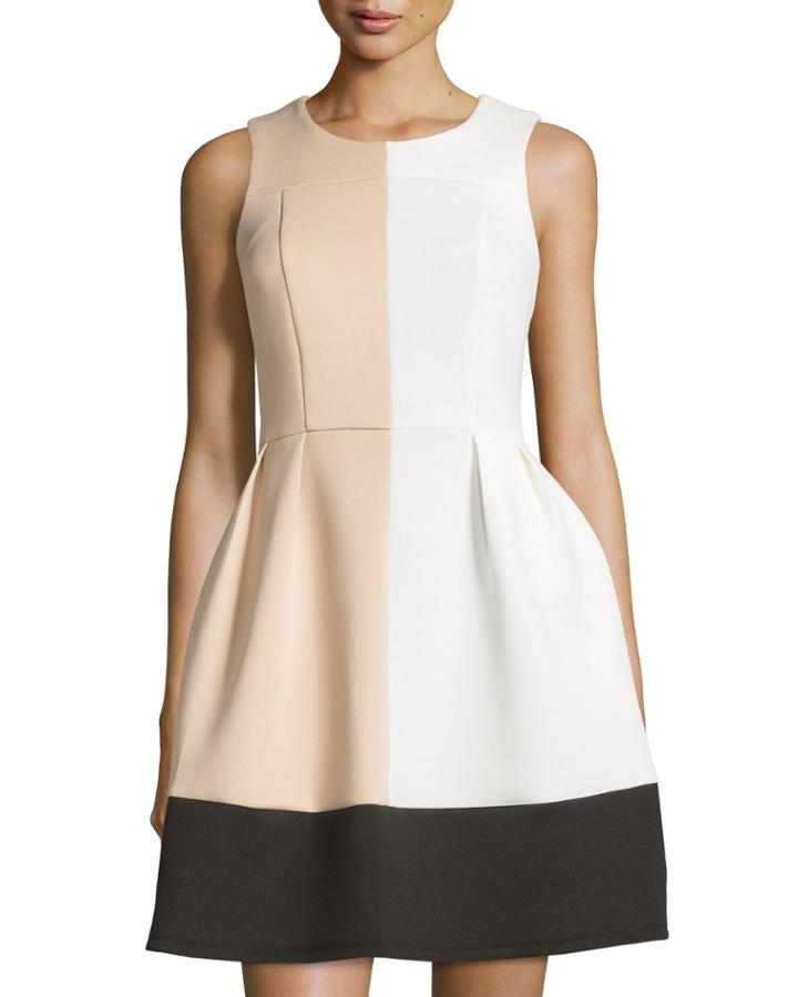 Kiana Colorblock Fit-and-flare Dress, Ivory/tan/black