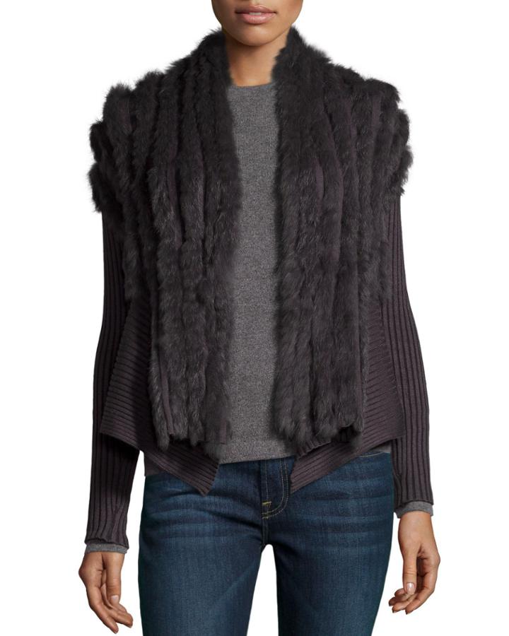 Metric Knits Rabbit-fur Ribbed-knit Cardigan, Charcoal, Women's, Size: Small, Grey/white Ombre