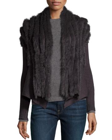 Metric Knits Rabbit-fur Ribbed-knit Cardigan, Charcoal, Women's, Size: Small, Grey/white Ombre
