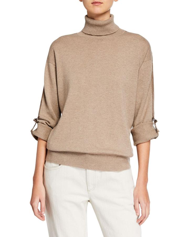 Cashmere Monili-beaded Ribbon-trim Turtleneck