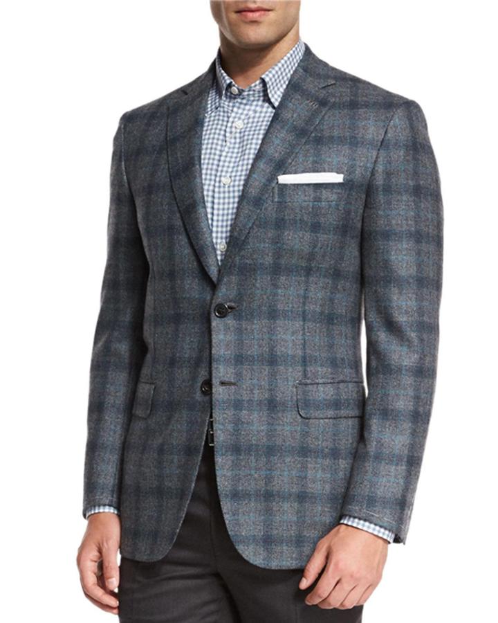 Plaid Two-button Sport Coat, Gray/green