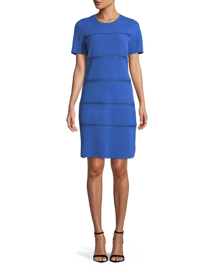 Short-sleeve Crewneck Sheath Dress With Cross-stitch Detailing