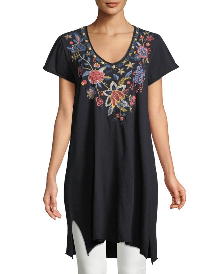 Tivva Jersey V-neck Draped Embroidered Tunic Dress