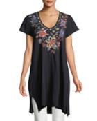 Tivva Jersey V-neck Draped Embroidered Tunic Dress