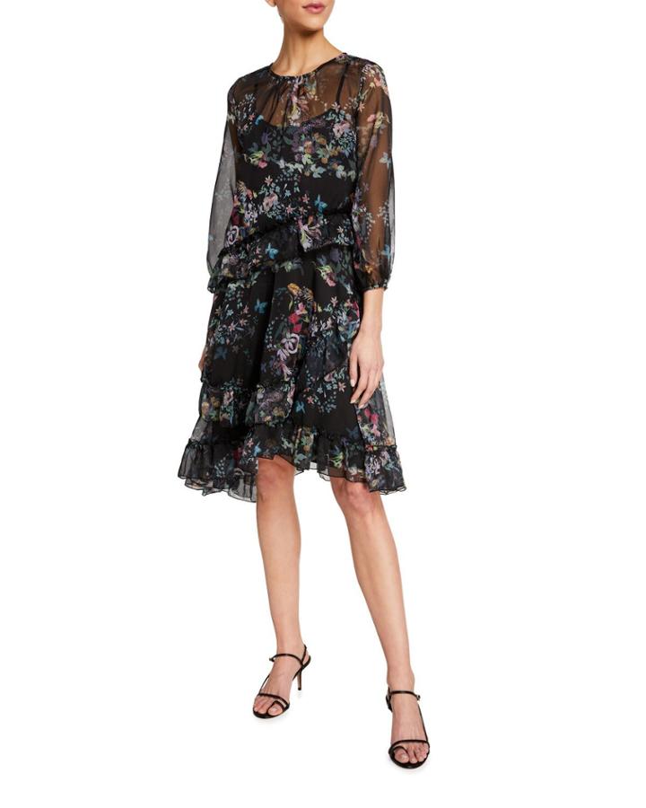 Semisheer Asymmetrical Floral Flowy Dress