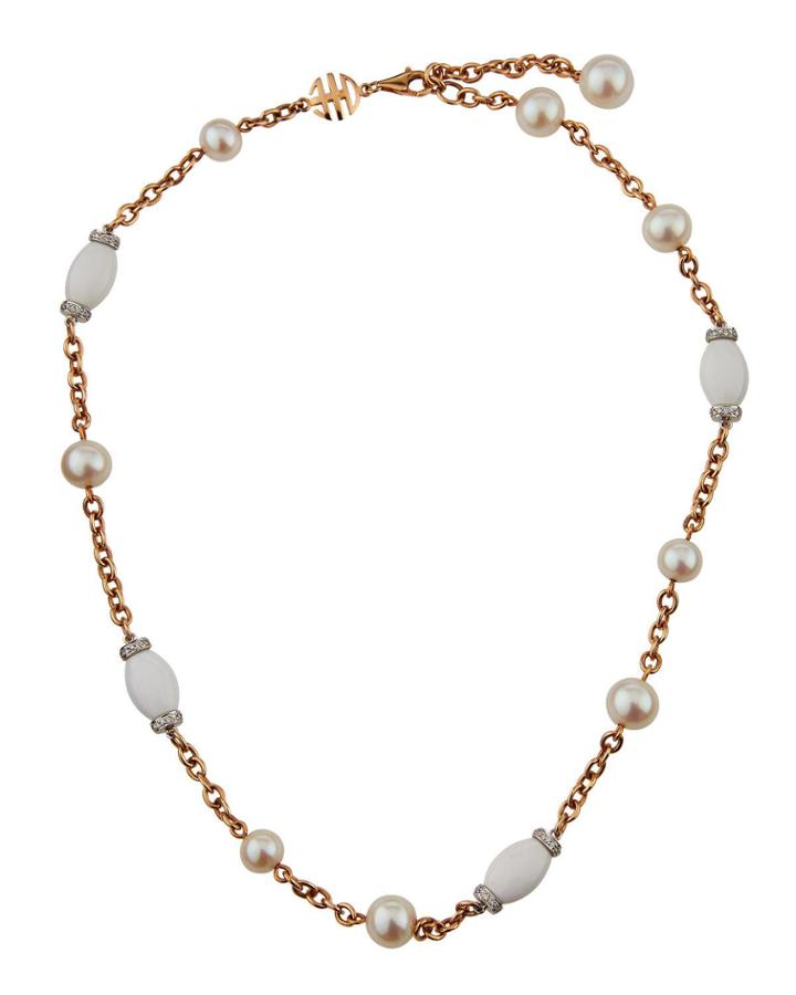 18k Yellow Gold Pearl, Agate & Diamond Necklace