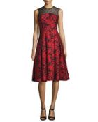 Sleeveless Floral Jacquard Fit-and-flare Dress, Red