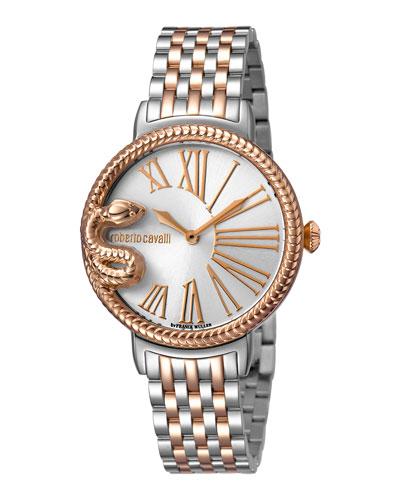 34mm Oversize Snake Watch W/ Bracelet, Rose/steel