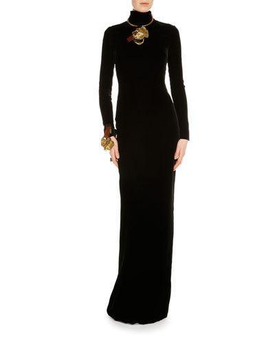 Mock-neck Column Gown W/sequined Back, Black