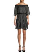 Smocked Off-the-shoulder Metallic Chiffon Dress