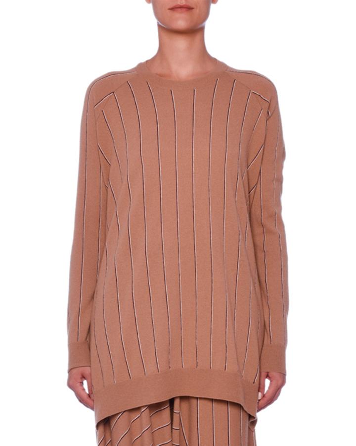 Pinstripe Crewneck Raglan Wool Sweater W/ Asymmetric Hem