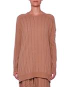 Pinstripe Crewneck Raglan Wool Sweater W/ Asymmetric Hem
