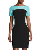 Colorblocked Short-sleeve Dress, Black/blue