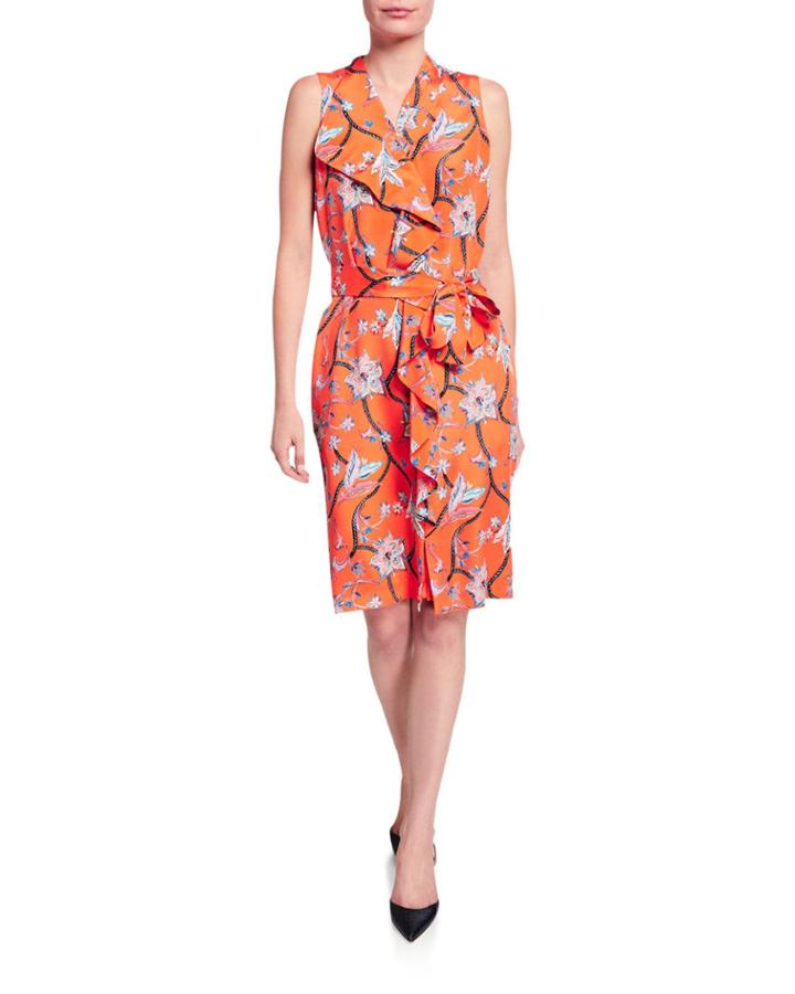 Vintage Floral Sleeveless Belted Ruffle Dress With Pockets