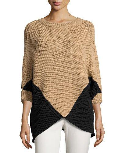 Colorblock Poncho Sweater, Camel/black