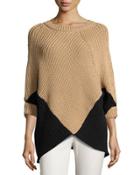 Colorblock Poncho Sweater, Camel/black