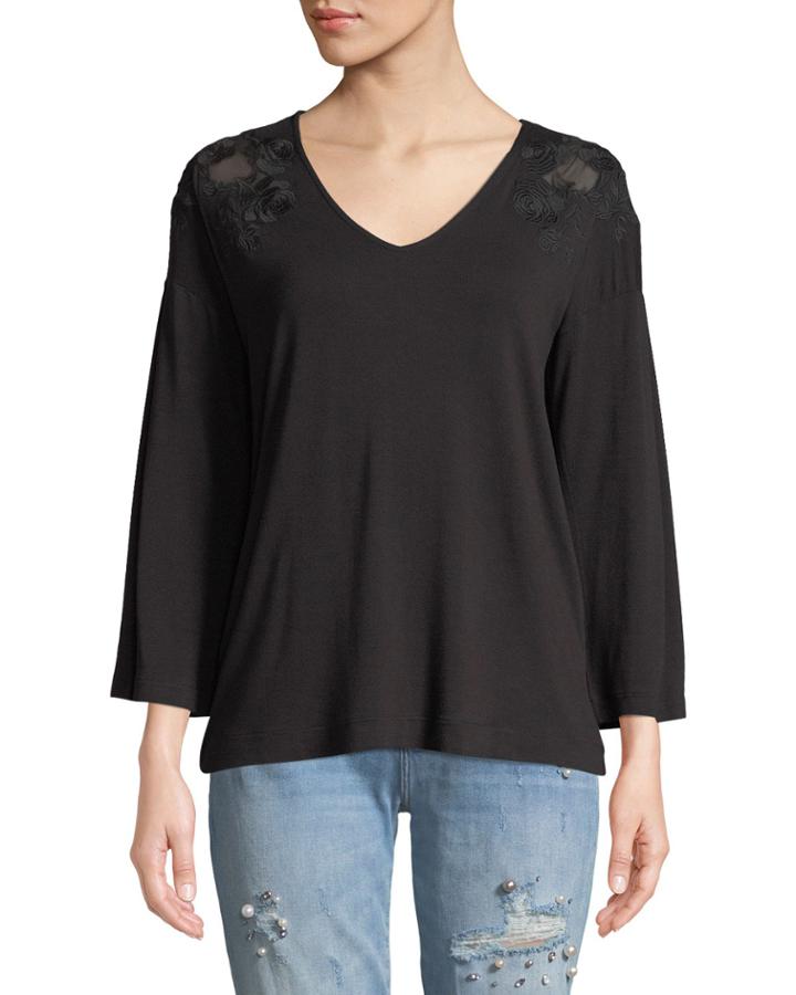 Floral Mesh Detail V-neck Top