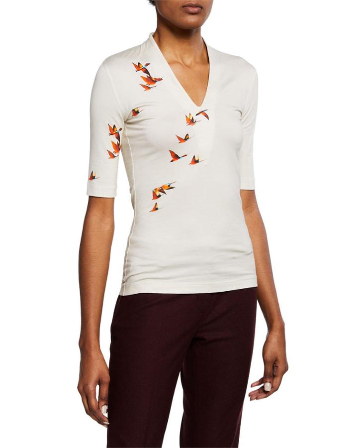 Bird-print Stretch-cotton Blouse