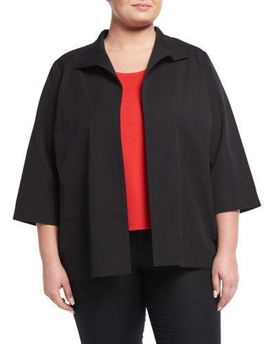 3/4-sleeve Open-front Knit Jacket, Black,