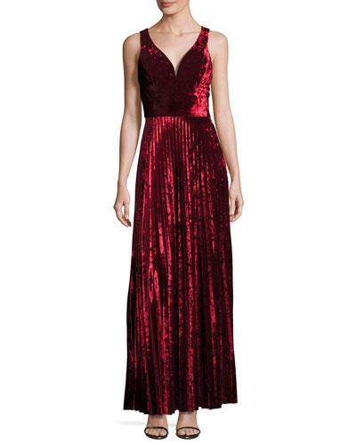 Sleeveless Velvet Pleated Gown, Crimson