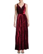 Sleeveless Velvet Pleated Gown, Crimson