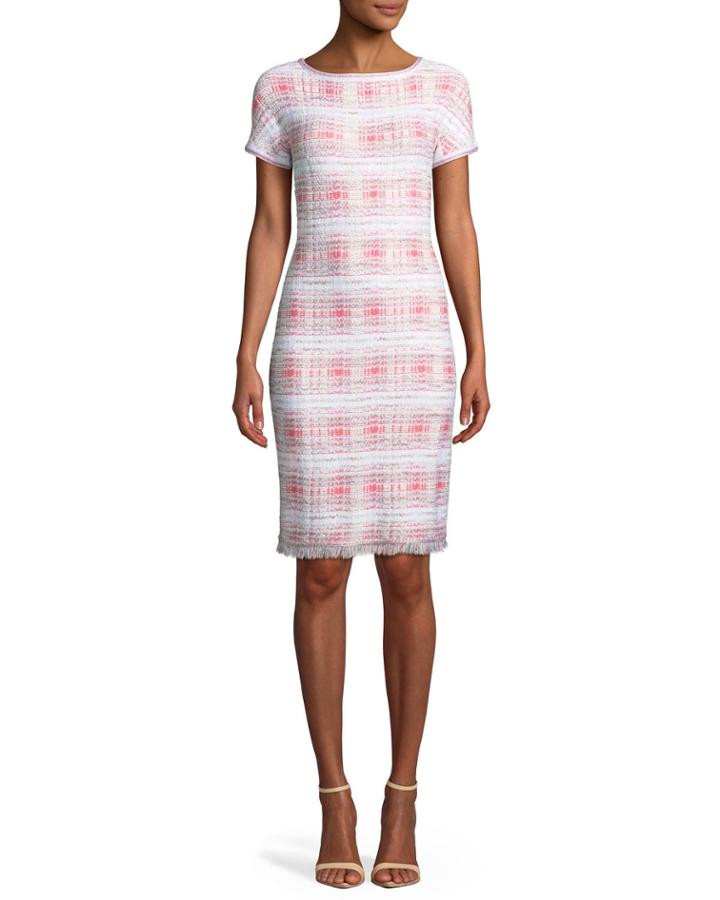 Becca Short-sleeve Tweed Dress With Fringe Trim
