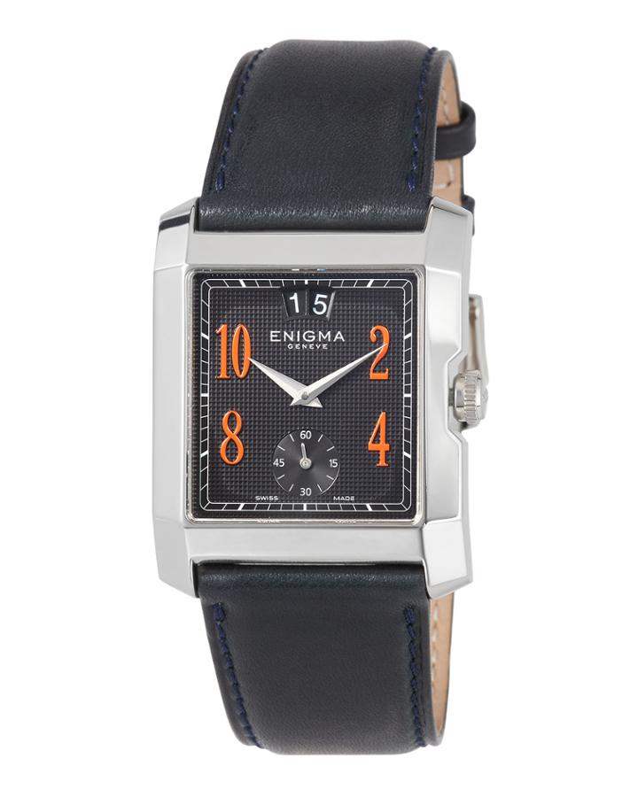 Rectangular Watch W/ Leather Strap, Black/orange