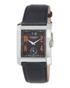 Rectangular Watch W/ Leather Strap, Black/orange