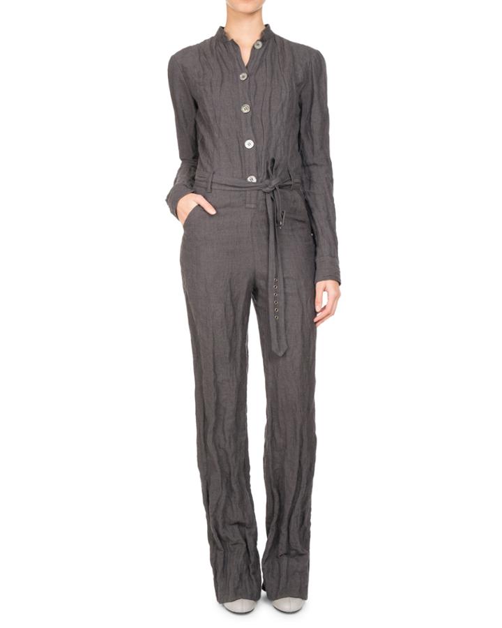 Long-sleeve Belted Button-front Jumpsuit