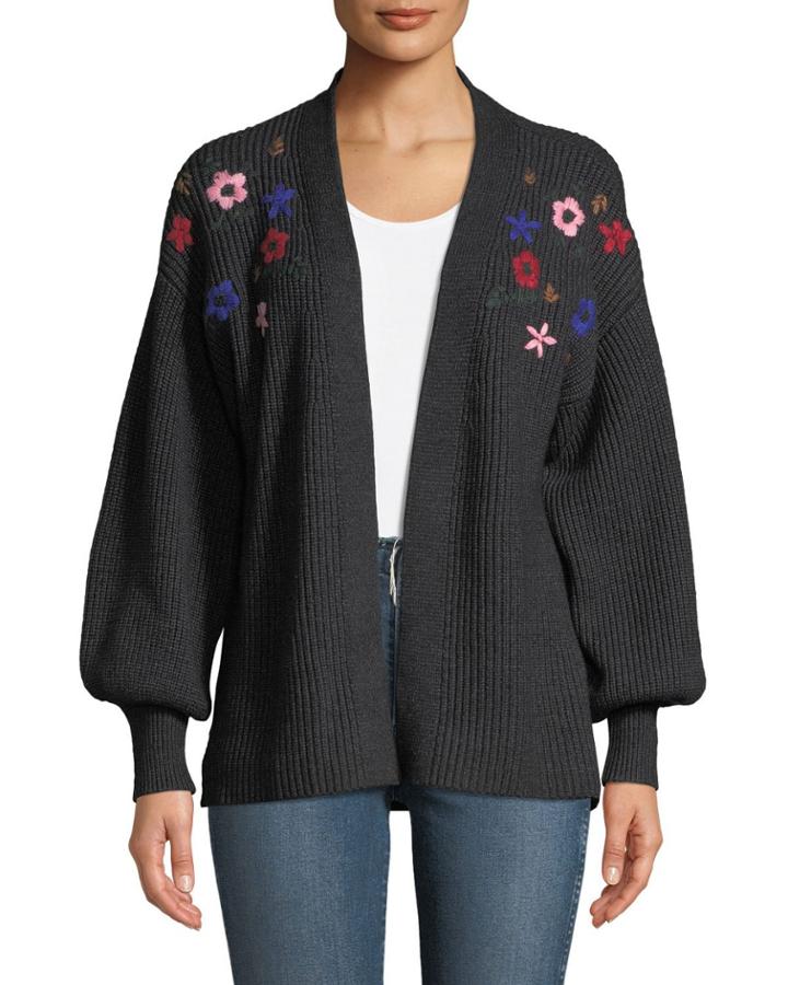 Open-front Floral-embroidered Yoke Cardigan