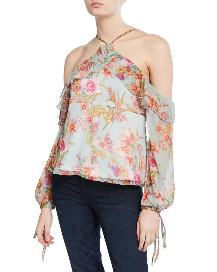 Morning Bloom Floral Cold-shoulder Long-sleeve Halter Blouse