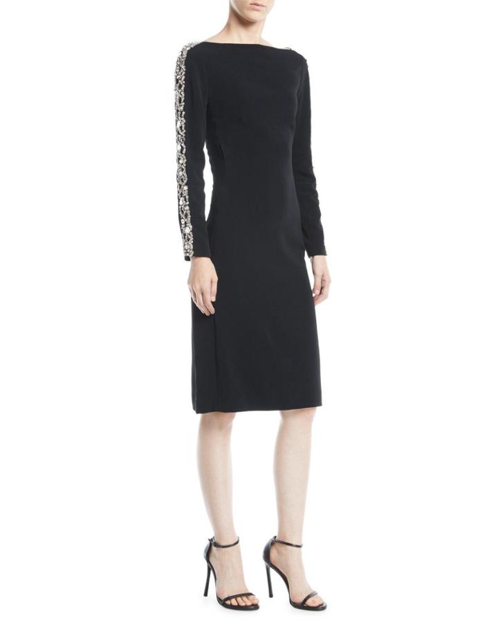 Astra Boat-neck Beaded-stripe Long-sleeve Crepe Cocktail Dress