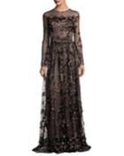 Long-sleeve Floral Illusion Gown