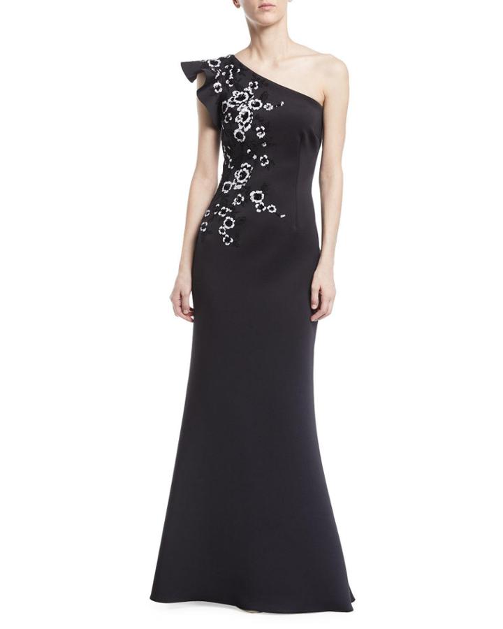 One-shoulder Ruffle Floral Applique Gown