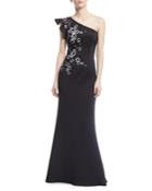One-shoulder Ruffle Floral Applique Gown