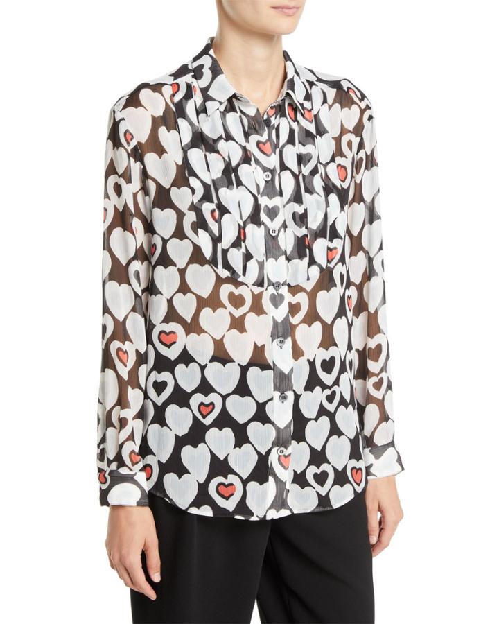 Long-sleeve Button-front Heart-print Chiffon Blouse