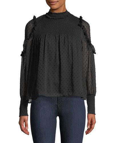 Swiss Dot Mock-neck Long-sleeve Chiffon Blouse