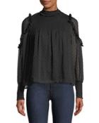 Swiss Dot Mock-neck Long-sleeve Chiffon Blouse